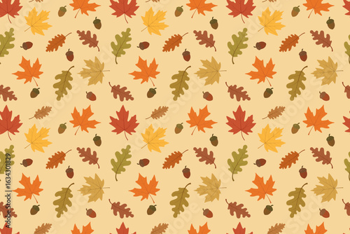 Seamless pattern of autumn maple and oak leaves and acorns. For wrapping, gift paper, backgrounds, banners, textile. Vector illustration in yellow, brown, olive, terracota tones on  yellow background.