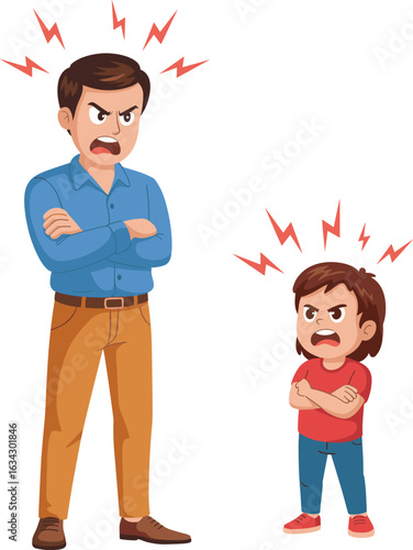 Angry cartoon father and child arguing, conflict between parent and kid, emotional tension, family disagreement, father-son relationship concept.