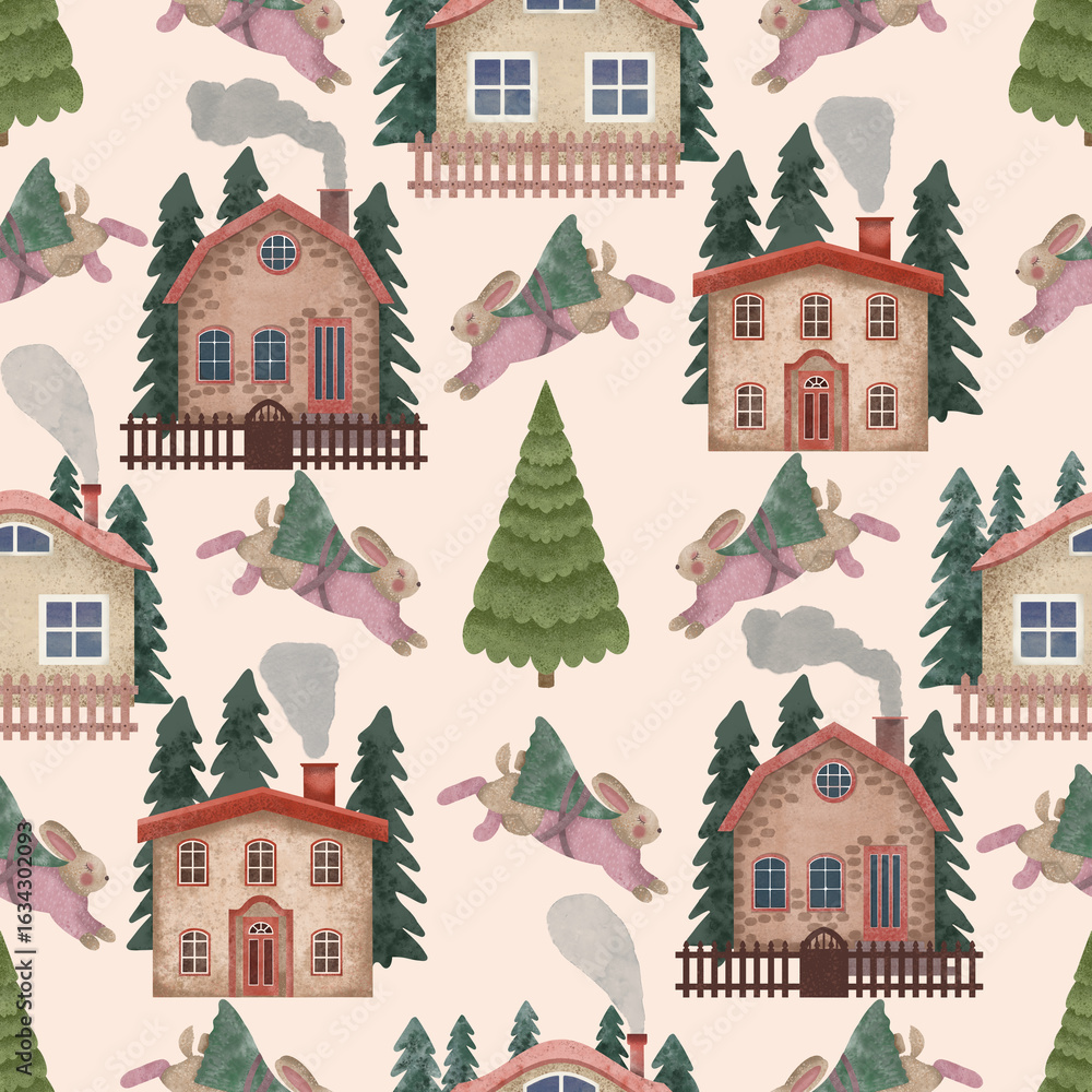Fototapeta premium Seamless Christmas pattern with bunnies, houses and trees. Nice Christmas background, holiday print.