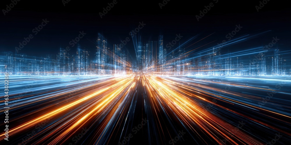 Obraz premium Futuristic Cityscape with Abstract Light Trails Representing High-Speed Connectivity and Modern Urban Technology