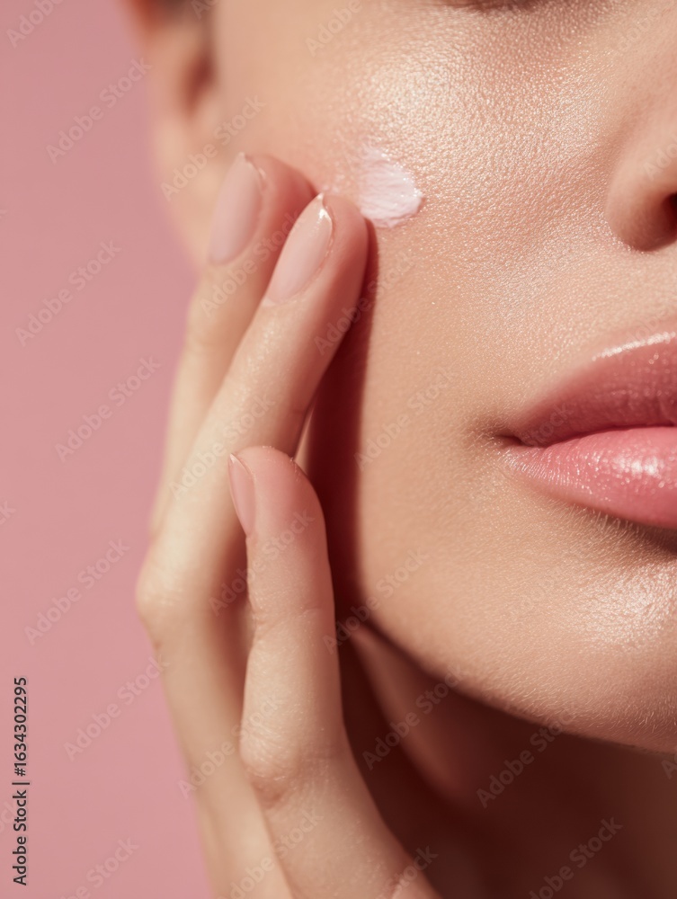 Fototapeta premium Skin-care Treatment Applied to Cheek With Fingers in an Abstract Beauty Setting With a Soft Pink Background
