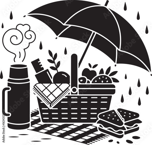 Cozy picnic under umbrella despite rain with hot drinks.