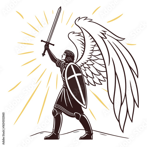 Illustration of a winged warrior angel holding a sword, in a triumphant pose