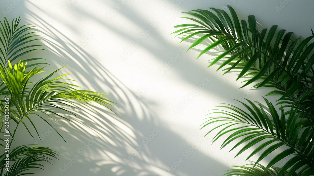 Fototapeta premium 白い壁と緑の葉の影