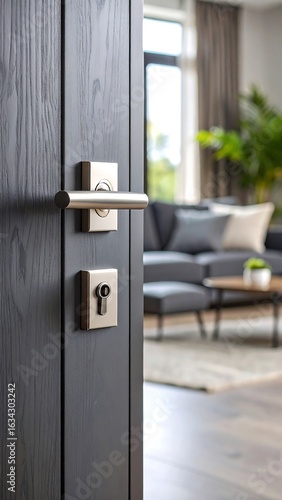 Modern dark door opening to a bright living room