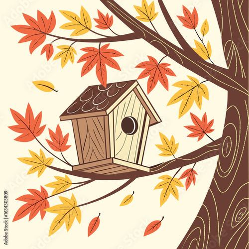 Wooden birdhouse surrounded by yellow-orange leaves