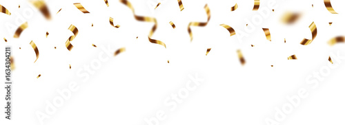 Falling shiny gold confetti, festive banner for birthday, anniversary, and holiday celebration designs.
