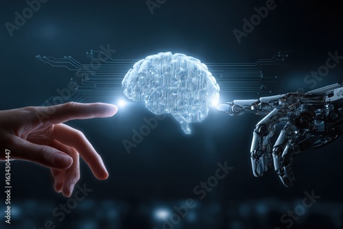 Human hand interacts with robot hand, with glowing brain in center representing Artificial Intelligence concept