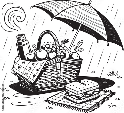 Picnic interrupted by rain, umbrella protects food and drink