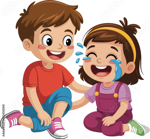 Cartoon boy comforting crying girl, child empathy and friendship, kids emotional support, caring child, children sitting together, friendship scene.