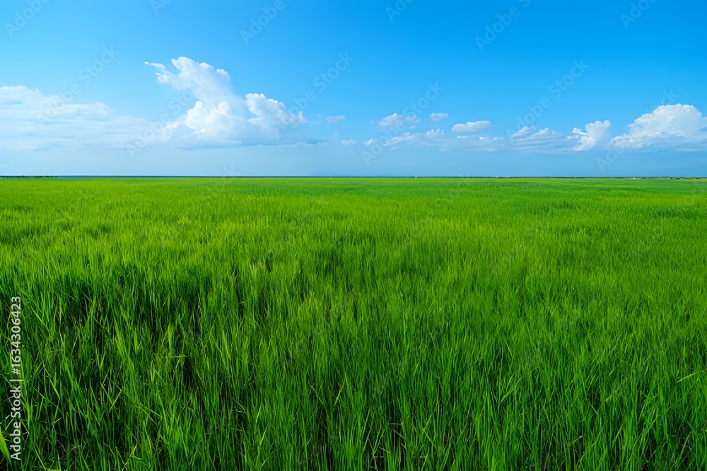 A vast, vibrant green grass field stretches to the horizon under a clear blue sky with fluffy white clouds, symbolizing nature and growth A vast, vibrant green grass field stretches to the horizon under a clear blue sky with fluffy white clouds, symbolizing nature and growth
