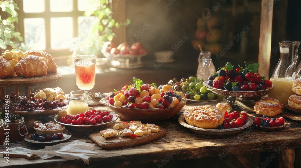 Naklejka premium Vibrant Breakfast Table with Fresh Fruits and Pastries in Natural Light