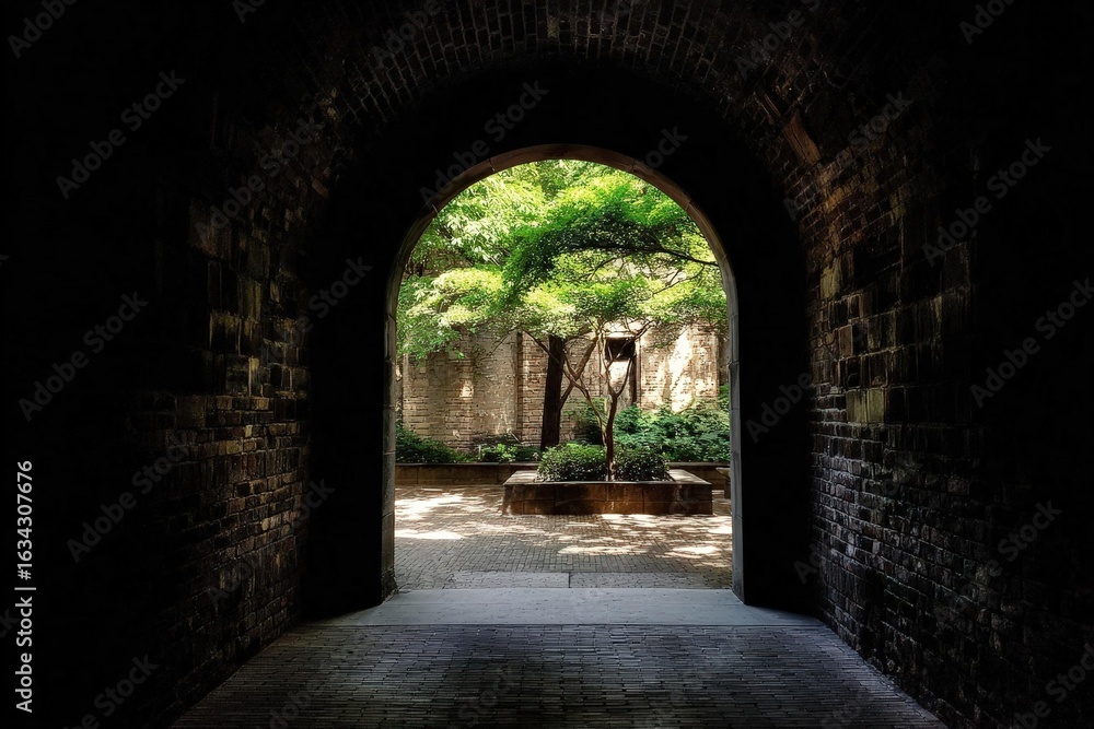 Fototapeta premium Serene Courtyard: Brick Tunnel Archway