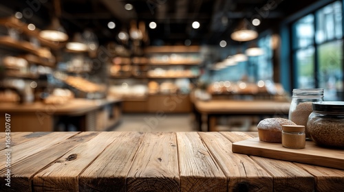 Wooden countertop in a minimalist bakery shop setting with blurred background, ideal for product display and marketing materials with copy space