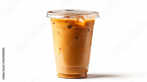 Refreshing iced coffee in plastic takeaway glass on white background