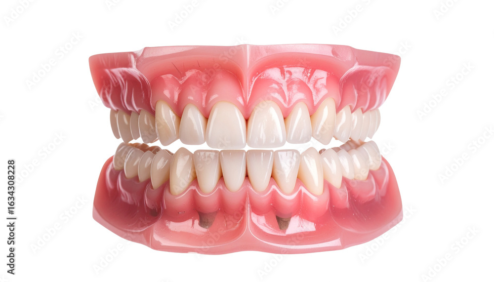 Obraz premium Full Dentures with teeth, gum and bone for preserves isolated on transparent png background, fake teeth in dentistry, medicine and prosthesis on the transparent background. PNG Format