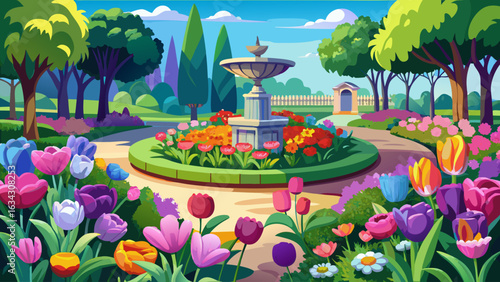 very Beautiful Arrangement of colorful spring flowers in the public park, springtime
