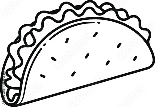 A black and white line drawing of a taco with filling and small dashes