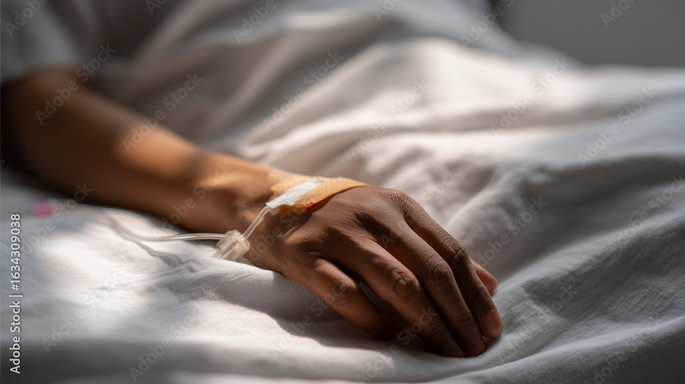 Fototapeta premium Hand with IV line resting on hospital bed in sunlight.