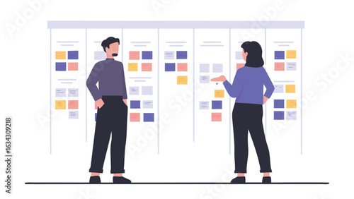 Two people discussing tasks on a kanban board with sticky notes in a modern office setting design