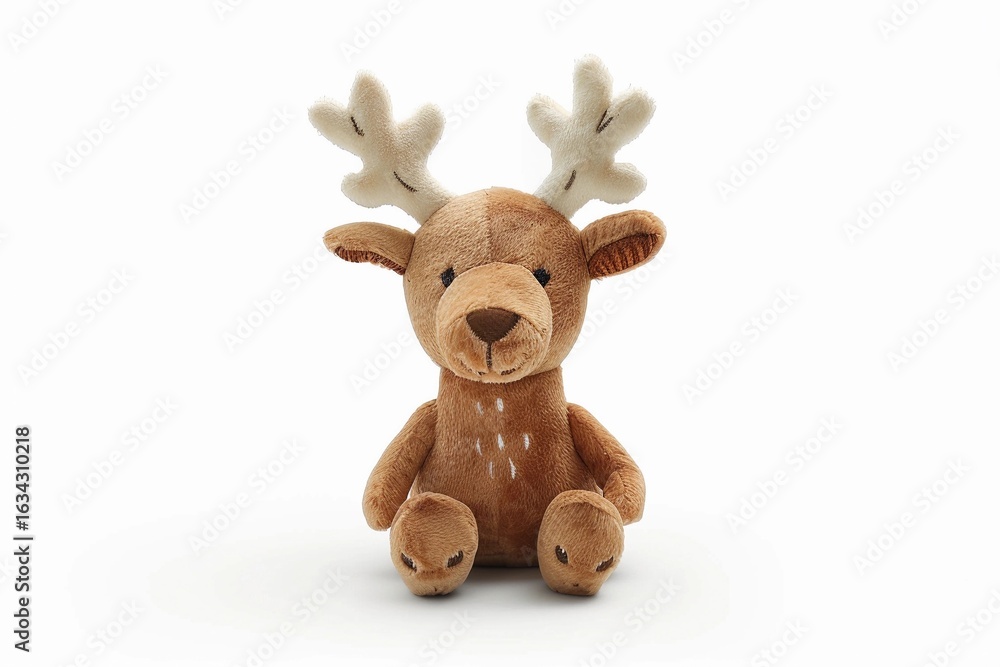 Fototapeta premium Soft brown reindeer plush toy with antlers sitting against a white background showcasing its cute features and friendly expression