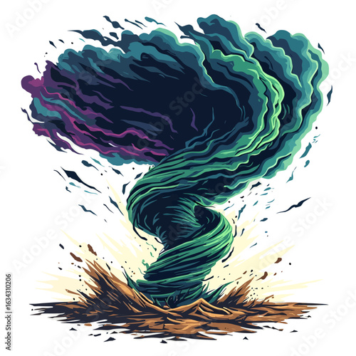 A swirling, vibrant vortex of teal and purple, resembling a stylized tornado, erupts from the earth, creating a dynamic and powerful visual.
