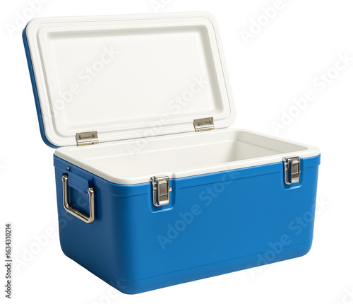 Open blue and white cooler box. Empty portable camping ice chest. Food and beverage insulated box. Picnic and outdoor cooler. Portable refrigeration container.
