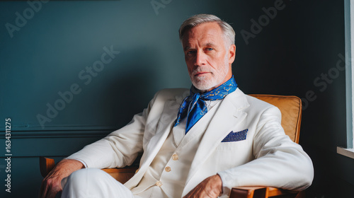 Confident older man in dapper white suit sitting for portrait. stylish, fashion forward gentleman looking serious with an air of sophistication and elegance