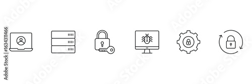 Security icon set. Collection of security icons representing various aspects of online safety and data protection. Editable stroke. Vector illustration.