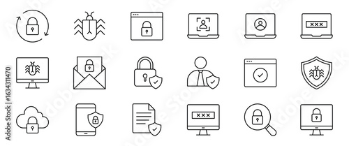 Security icon set. Collection of security icons representing various aspects of online safety and data protection. Editable stroke. Vector illustration.