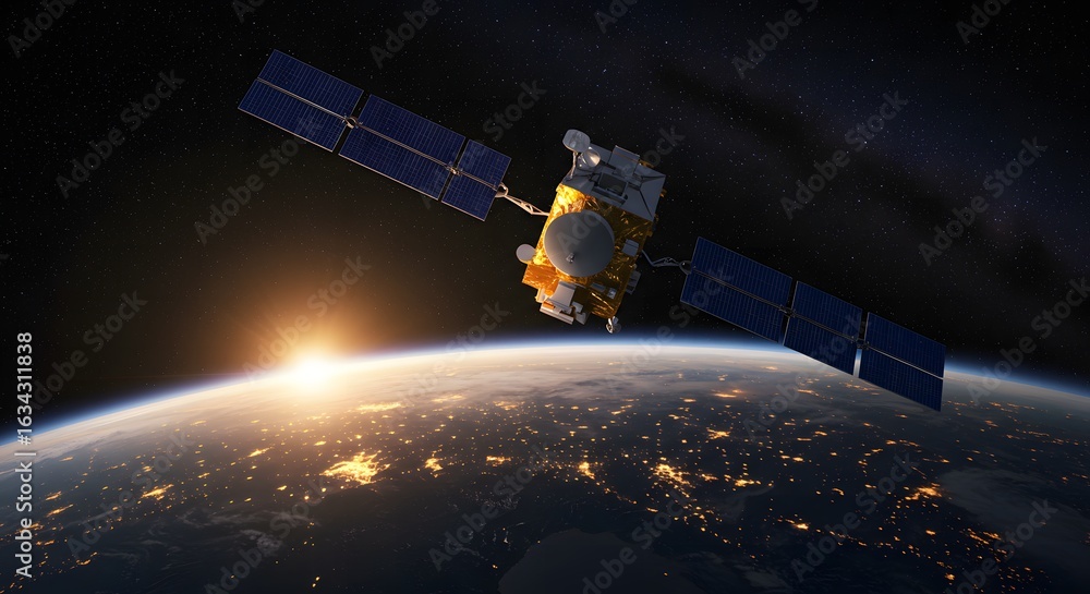 Obraz premium Advanced satellite orbiting earth at sunrise with city lights visible below