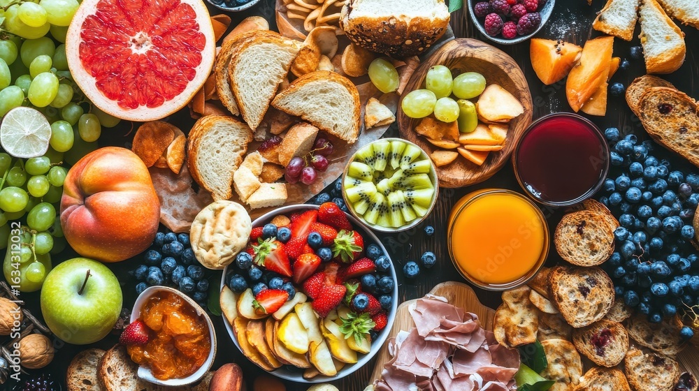 Fototapeta premium Vibrant Colorful Spread of Fresh Fruits and Tasty Snacks