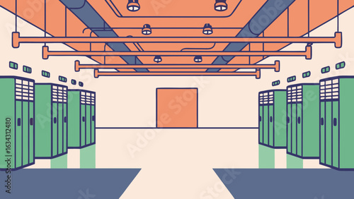 A bright and modern locker room featuring green lockers and minimalist decor.