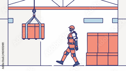 A robotic exoskeleton enhances a worker's efficiency in an industrial warehouse setting.