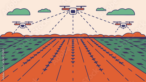 A vibrant illustration of drones monitoring a farm, demonstrating the integration of technology in agriculture.