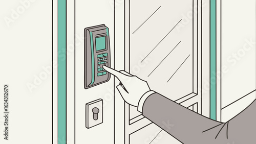 A close-up of a hand using a digital keypad to access a secure entryway.