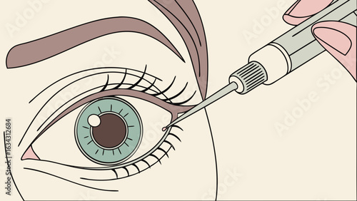 A close-up illustration of a person applying eye drops, depicting a woman's eye in soothing pastel colors.