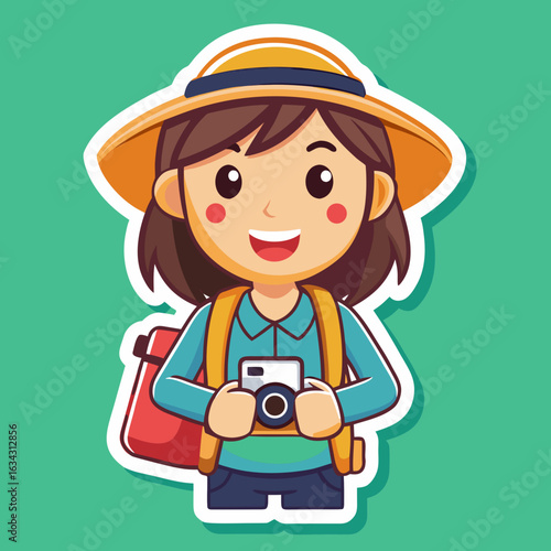 Cartoon Tourist Girl with Camera Backpack and Hat Ready for Adventure and Exploration cute