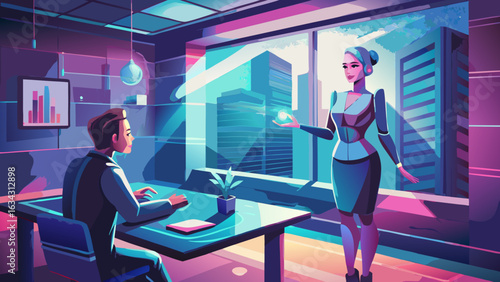 A futuristic business meeting between a male executive and a female android in a modern office setting.