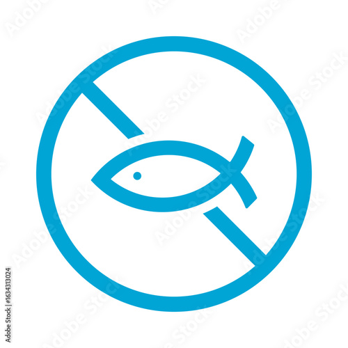Fish Free Vector Flat Icon Design on White Background. Food Allergen Free in Circle Prohibition Sign. No Fish Blue Label for Web, Packaging.