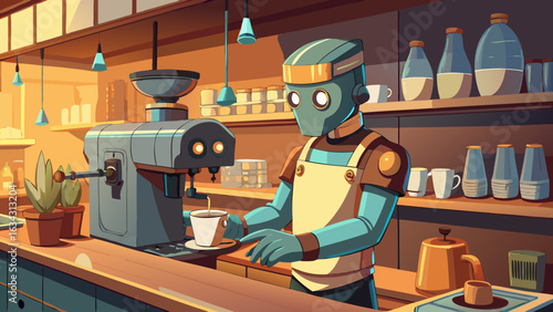 A futuristic robot barista prepares a coffee in a cozy café, showcasing modern technology and warm ambiance.