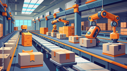 A modern automated warehouse featuring robotic arms and conveyor belts transporting packages.
