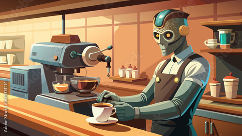 A futuristic robot barista preparing a cup of coffee in a cozy café setting.