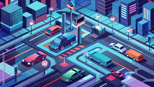 A vibrant, colorful illustration of a busy urban intersection featuring various vehicles.