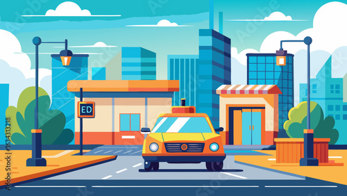 A vibrant yellow taxi cab drives through a colorful, modern cityscape.