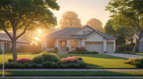 Charming home exterior shines in the warm light of a sunny summer afternoon