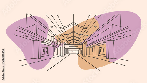 Stylized linear illustration of a spacious modern indoor corridor with a vibrant, abstract background.