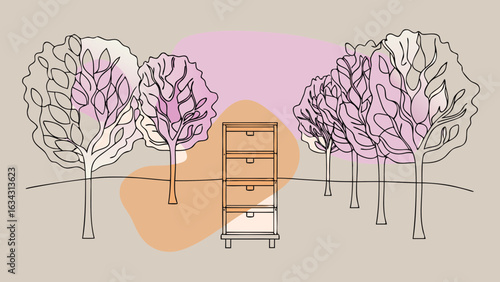 Artistic illustration of trees surrounding a modern wooden storage cabinet in soft pastel tones.