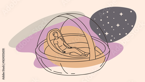 A serene illustration of a person seated in a futuristic pod, surrounded by a cosmic background filled with stars.