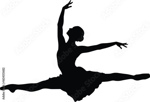 Cad drawing flat vector illustration, ballerina silhouette leaping in air, elegant ballet dancer pose, black isolated vector art, classical dance movement figure